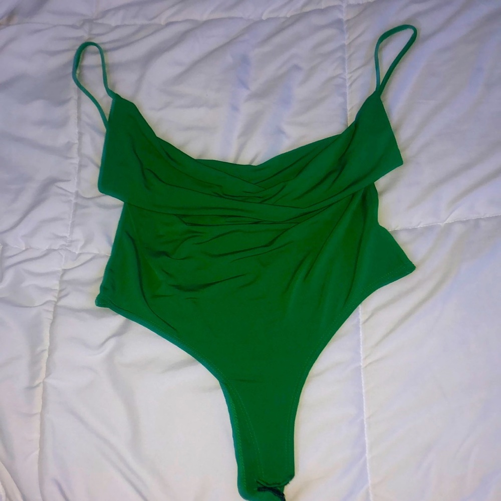 Lime green, spaghetti strap, bodysuit.